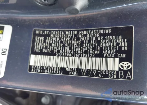 2016 Toyota Corolla Le Eco/Le Eco Premium/Le Plus from USA, damaged, VIN 5YFBPRHE9GP488423